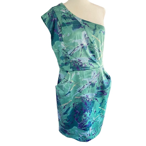 Bisou Bisou Dresses & Skirts - Bisou Bisou One Shoulder Fitted Side Zip Watercolor Dress w/Pockets Sz 14